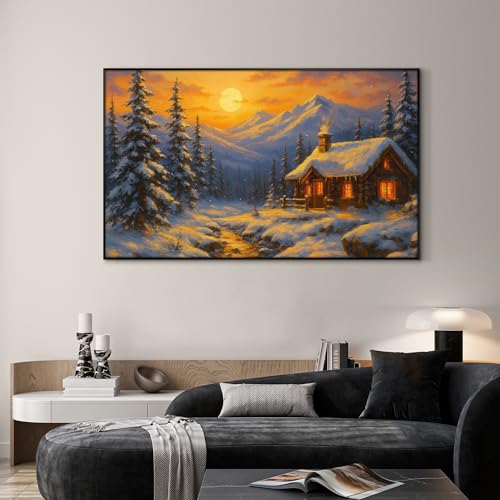 30"x60" Extra Large Framed Wall Art Cozy Cabin in Snowy Mountain Landscape at Sunset for Home Living Room Bedroom Decor