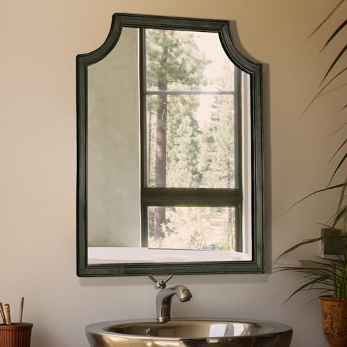 Scalloped Wood Mirror for Wall Decor 16x20 Inch Black Small Bathroom Vanity Rectangle Mirror for Hallway Bedroom Living Room