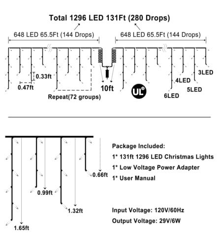 1296LED Christmas Lights with 288 Drops (131 Foot)