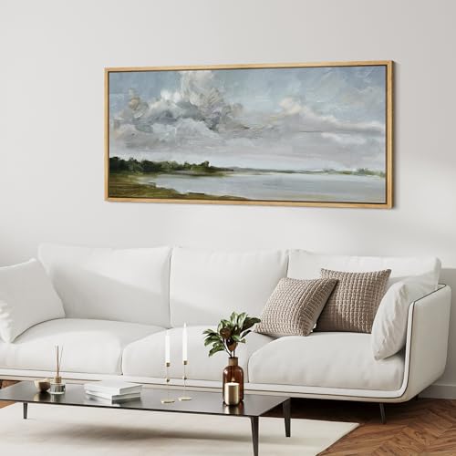 Extra Large Framed Canvas Print Wall Art Tranquil Landscape Soft Brushstroke Lake Scene Illustrations Antique Retro Fine Art Illustrations Decorative Colorful for Bedroom