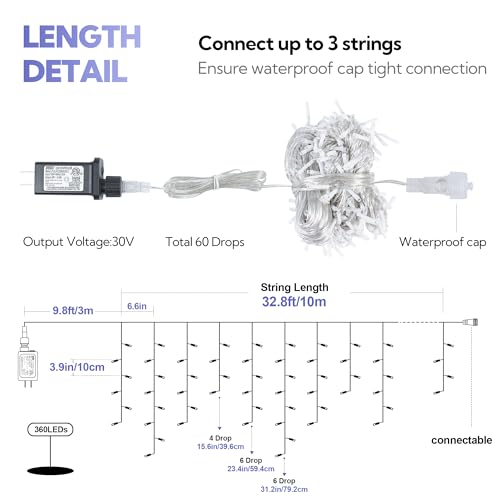 33FT 360 LED White Christmas Icicle Lights