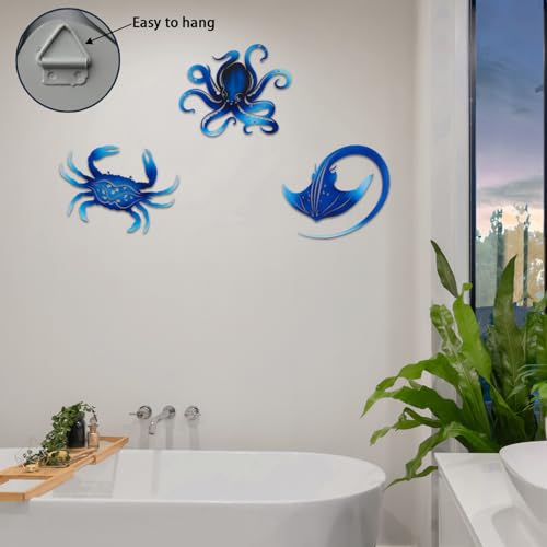 Metal Octopus Crab Manta Ray Coastal Nautical Ocean Decor Outdoor Metal Wall Art Decor Garden Pool Patio Bathroom Yard Farmhouse Fence Deck (3 Count)