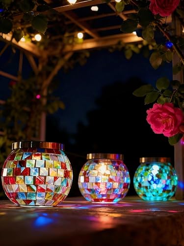 6 Pack Gift for her him Landscape Lighting Path Lights Heavy Solar Mosaic Lantern with RGB Color (6 Count)