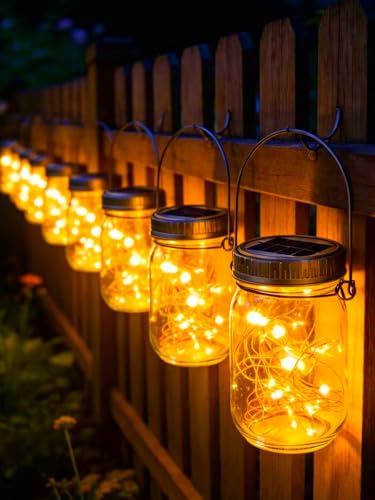 Gift for him her 9 Pack Solar Lanterns Outdoor Waterproof Upgraded Crystal Glass Solar Mason Jar Lights 30 LED 215% Larger SolarPanel (9 Count)