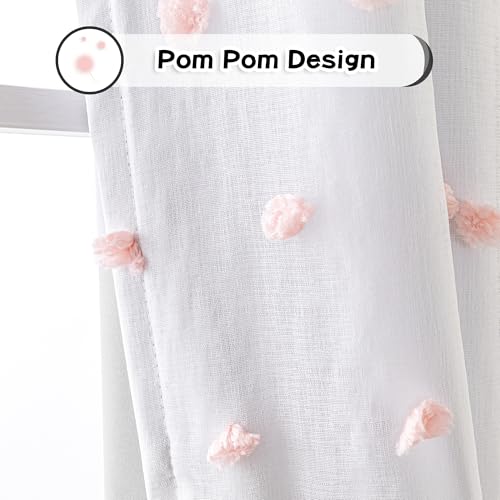 100% Blackout Curtains for Nursery Thermal Insulated Pink Pom Pom Curtains 72 Inch Length for Girls Bedroom 2 Panels Grommet White Sheer Curtains for Dining Room Door (30 Count)