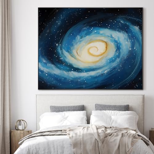 46"x60" Extra Large Framed Wall Art Spiral Galaxy Vivid Blue and Yellow Cosmic Space Illustration for Home Living Room Bedroom Decor