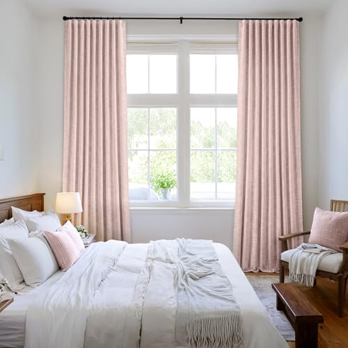Light Pink 100% Blackout Linen Curtains 90 Inch 2 Panels Set Double Sided No Coating Pleated Back Tab Black Out Long Thermal Insulated Pinch Pleat Bedroom Living Room Darkening Window Drapes (2 Count)