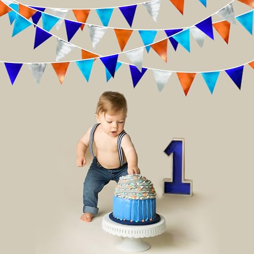 Orange Blue Silver Party Decorations Metallic Fabric Triangle Pennant Banner Flag Bunting Garland for Space Theme Birthday Wedding Bridal Shower Baby Shower Engagement Graduation Party Supplies (36 Count)