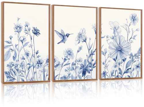 Vintage Blue Bird Flower Framed Canvas Wall Art