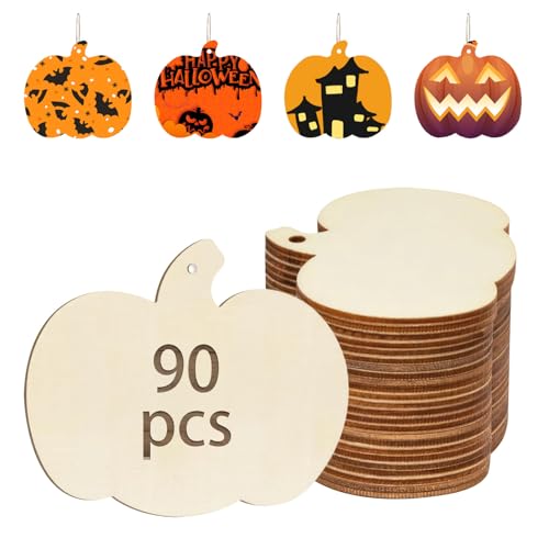 90 Pcs Thanksgiving Pumpkin Wooden Cutouts Unfinished Wood Crafts Pumpkin Wooden Pumpkins Ornaments to Paint Decorations DIY Blank Fall Pumpkin Shapes Discs Halloween 3.9x3.5 Inch (94 Count)