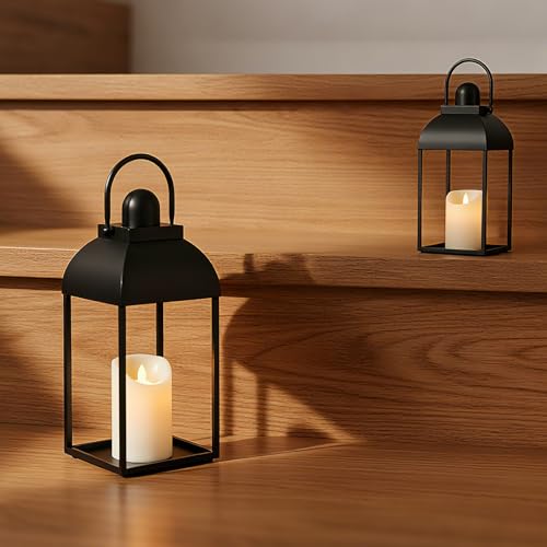 Lanterns Decorative Indoor 15" 11" Set of 2 Black Metal Lantern with Candle (2 Count)