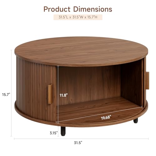 31.5" Round Coffee Table with Storage Adjustable Footpads