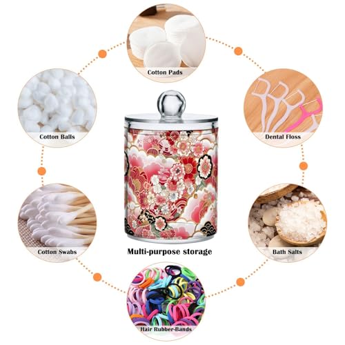 2 Pack Qtip Holder Organizer Dispenser Japanese Flowers Pattern Bathroom Storage Canister Cotton Ball Holder Container for Cotton Pads (2 Count)