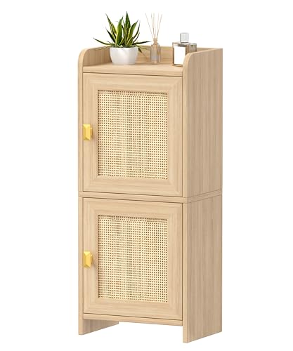 Rattan Small Bathroom Cabinet Narrow Toilet Paper Organizer Oak