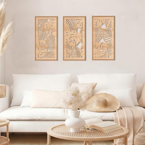 Tropical leaf Wood Wall Decor Framed Palm Monstera Leaves Wooden Wall Art Coastal Hawaii Art decor 7.87x15.75 Inch Set of 3 for Living room Bedroom Office
