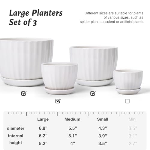 4/5/6 Inches White Ceramic Plant Pots with Drainage Holes and Saucer (3 Count)