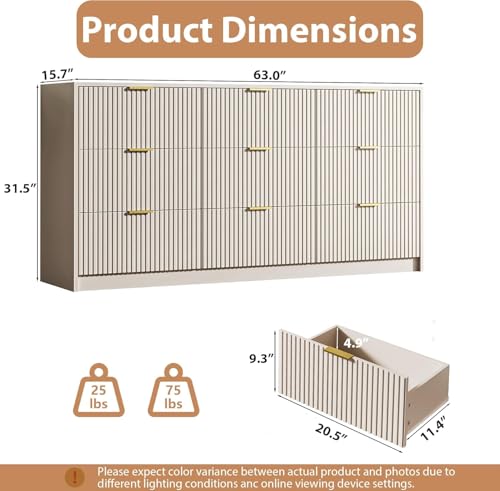 Beige 9 Drawer Dresser for Bedroom