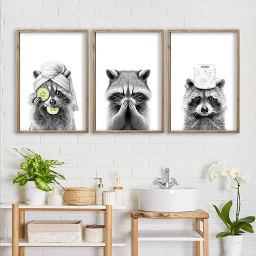 Raccoon Bathroom Wall Decor Art 16x11 Inch Set of 3 Wood
