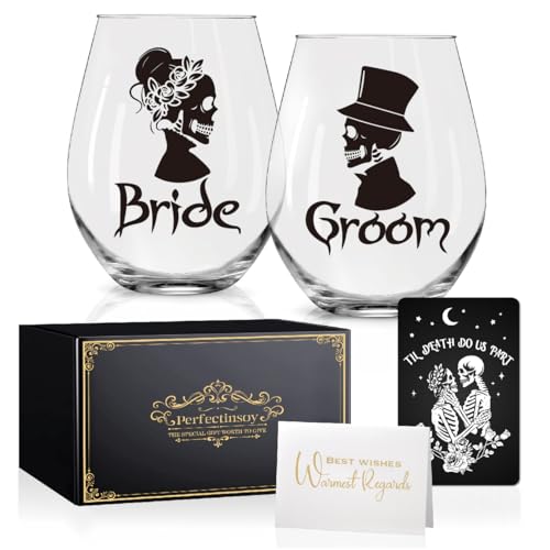 Gothic Halloween Wedding Bride Groom Wine Glass with Gift Box
