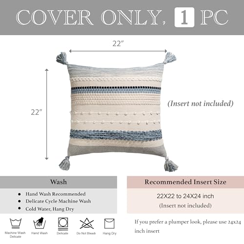 Coastal Blue Boho Decorative Throw Pillow Cover 22x22 Modern Bohemian Accent Pillow Case Square Woven Textured Farmhouse Pillows for Couch Bed