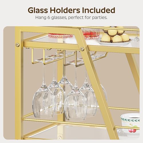Bar Cart, 3-Tier Home Bar Serving Cart with Wheels, Drink Cart with Glass Holder, Beverage Cart, Rolling Kitchen Cart, for Home, Living Room, Transparent and Gold BC03GD
