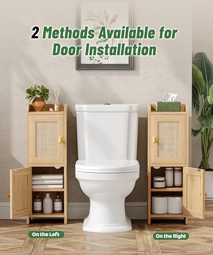 Rattan Small Bathroom Cabinet Narrow Toilet Paper Organizer Oak