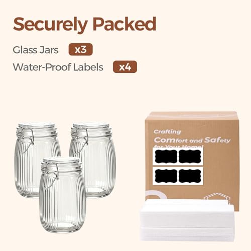 Ribbed Glass Storage Jars Airtight Lids 34oz 3 Pack Pantry Flour (3 Count)
