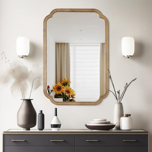 24" x 36" Rounded Corner Arch Wall Mirror with Wood Frame for Entryway