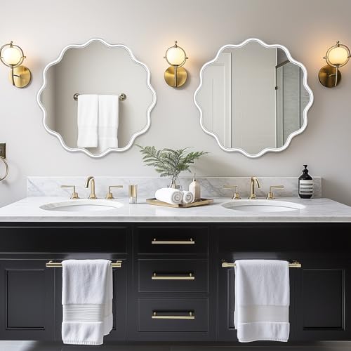 White Round Mirror 24 Inch Wavy Bathroom Vanity Mirror White Frame Modern Wall Mirror Decorative Wall