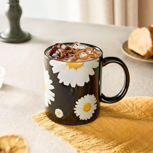 12Oz Daisy floral Black Ceramic Mug