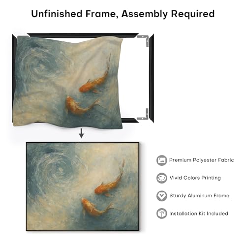 36"x46" Extra Large Framed Wall Art Koi Fish Swirl Tranquil Water Illustration for Home Living Room Bedroom Decor