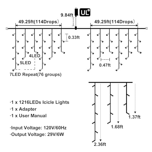White Christmas Lights Outdoor 99ft 1216LED Icicle Lights Twinkle Xmas
