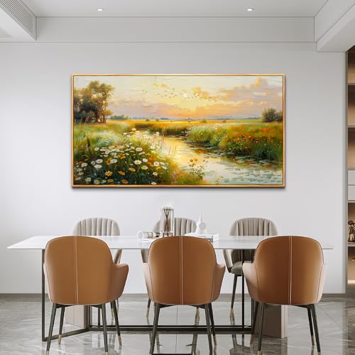 Wood Framed Canvas Wall Art For Living Room Large Wall Decor For Office Bedroom Decorations Pastoral Scenery Picture Water edge Painting Artwork Ready To Hang Home Decor 30x60 In
