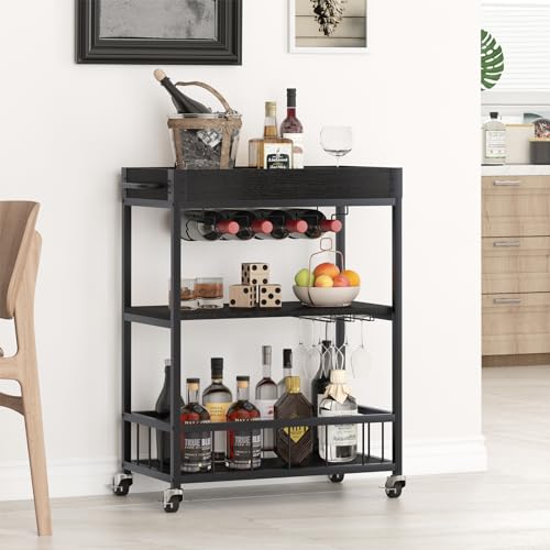 Bar Cart Serving Wine 3 Tier Home Rolling Rack with Wheels Mobile Kitchen Industrial Vintage Style Wood Metal Serving Trolley Serving Cart