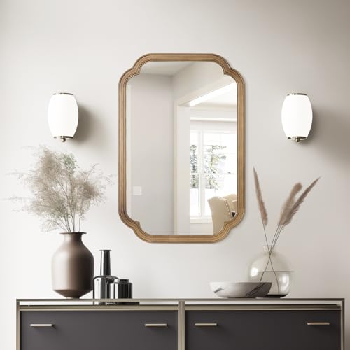 20" x 30" Rounded Corner Arch Wall Mirror with Wood Frame for Entryway