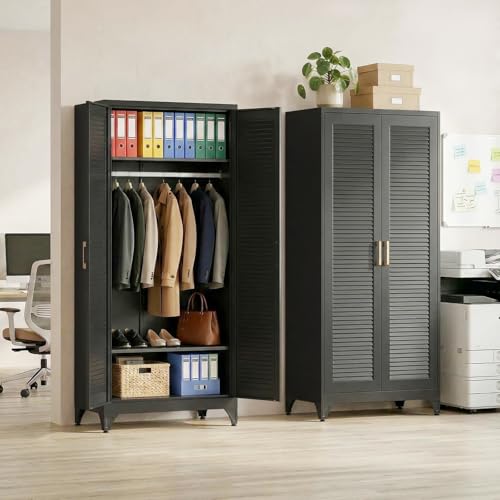 71" Tall Black Wardrobe Closet with Door and Adjustable Shelves