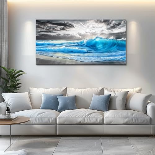 Blue Sea Wave Ocean Painting Wall Art For Living Room 24x48 In