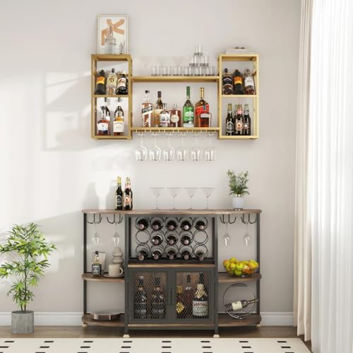 Wall Mounted Wine Rack with Glass Holder for Home Bar Storage