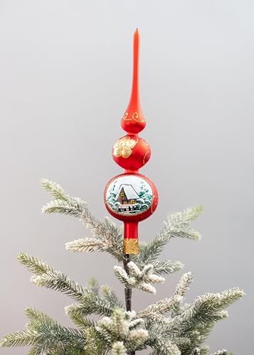 Tree Topper Mouth Blown Christmas Tree Topper Finial Red Glass Tree Topper Hand Decorated Made in Poland