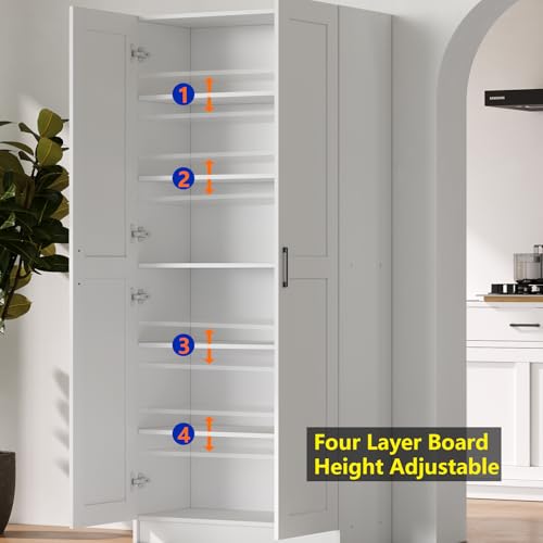 White Tall Kitchen Pantry Cabinet Organizers and Storage with Doors and Adjustable Shelves