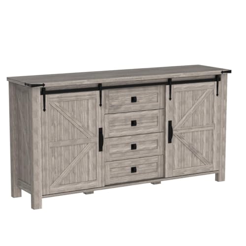 60 Inch Farmhouse Dresser with 4 Drawers and Sliding Barn Doors