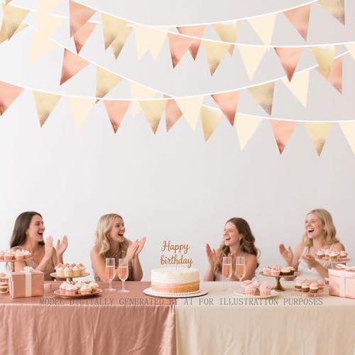Rose Gold Champagne Gold Beige Party Decorations Metallic Fabric Triangle Flag Pennant Banner Garland Bunting for Engagement Bridal Shower Wedding Birthday Baby Shower Graduation Decoration Supplies (32 Foot)