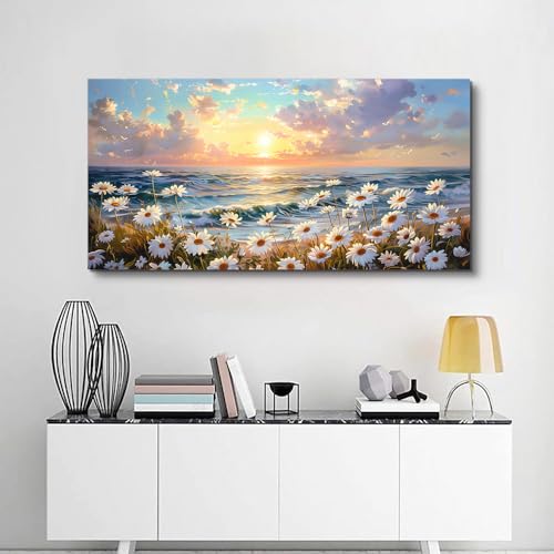Large Canvas Wall Decor For Restaurant Wall Art For Living Room Bedroom Decor Beach With Waves Landscape Painting White Flowers Painting Artwork Office Bathroom Home Decoration 30x60 In