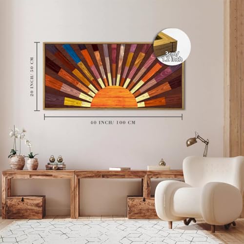 Extra Large Wood Sun Framed Wall Art 20x40 Inch Boho Sunrise 3D Geometric Wall Decor Mid century Sunshine Painting for Living room Bedroom Dining room Single