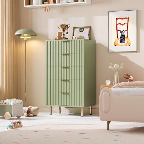 48" Fluted Green 5 Drawer Dresser for Bedroom with Deep Drawers