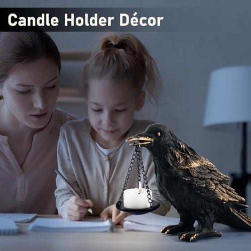 Gothic Crow Lamp with Tealight Candle Holder Resin Raven Decor Statue Gothic Home Decor for Bedroom Unique Goth Gifts Wearing Gold