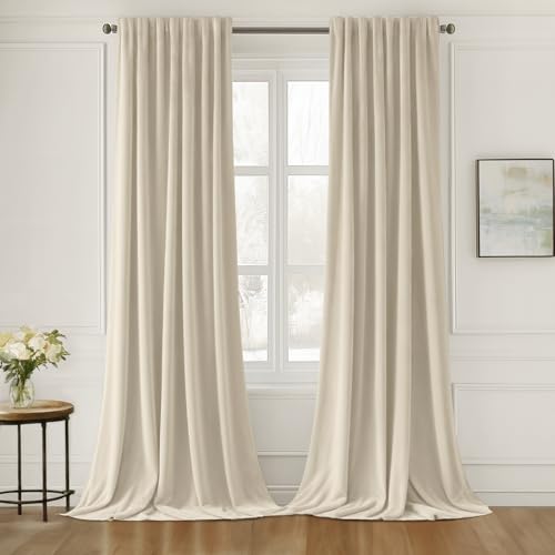 Cream Beige Velvet Pinch Pleat Blackout Curtains W52 X L96 Inches (2 Count)