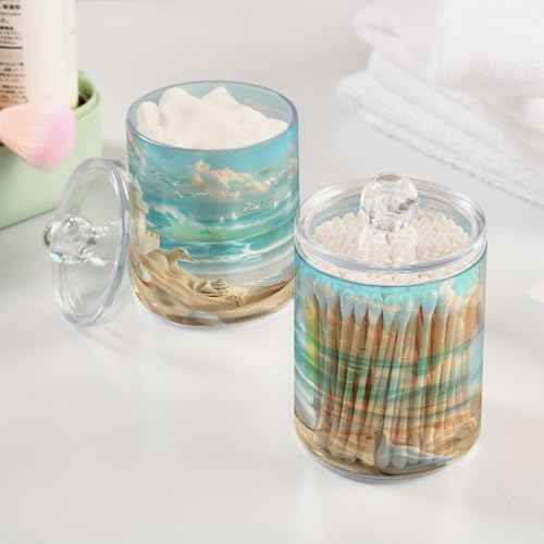2 Pack Qtip Holder Organizer Dispenser Beach Sandcastles Seagulls Shells Bathroom Storage Canister Cotton Ball Holder Container for Cotton Pads (2 Count)