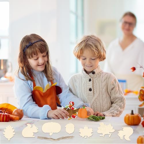 24 PCS Unfinished Wooden Thanksgiving Crafts Mixed Shaped Hanging Ornaments (24 Count)