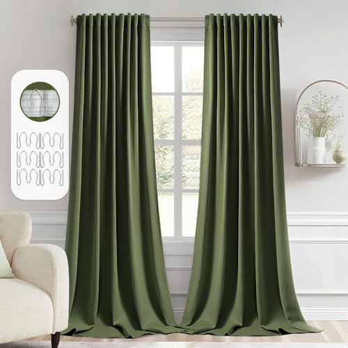 Olive Green Back Tab Blackout Curtains 52x108 Inch Long 2 Panels Set (2 Count)